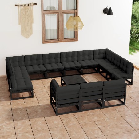 vidaXL Set de muebles de jardín 14 pzas con cojines madera pino negro