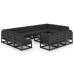 vidaXL Set de muebles de jardín 14 pzas con cojines madera pino negro