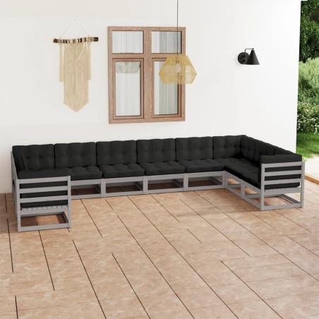 vidaXL Set de muebles de jardín 10 pzas con cojines madera pino gris