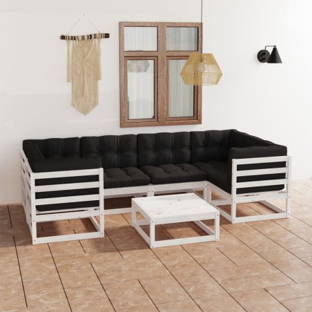 vidaXL Set muebles jardín 7 pzas con cojines madera maciza pino blanco