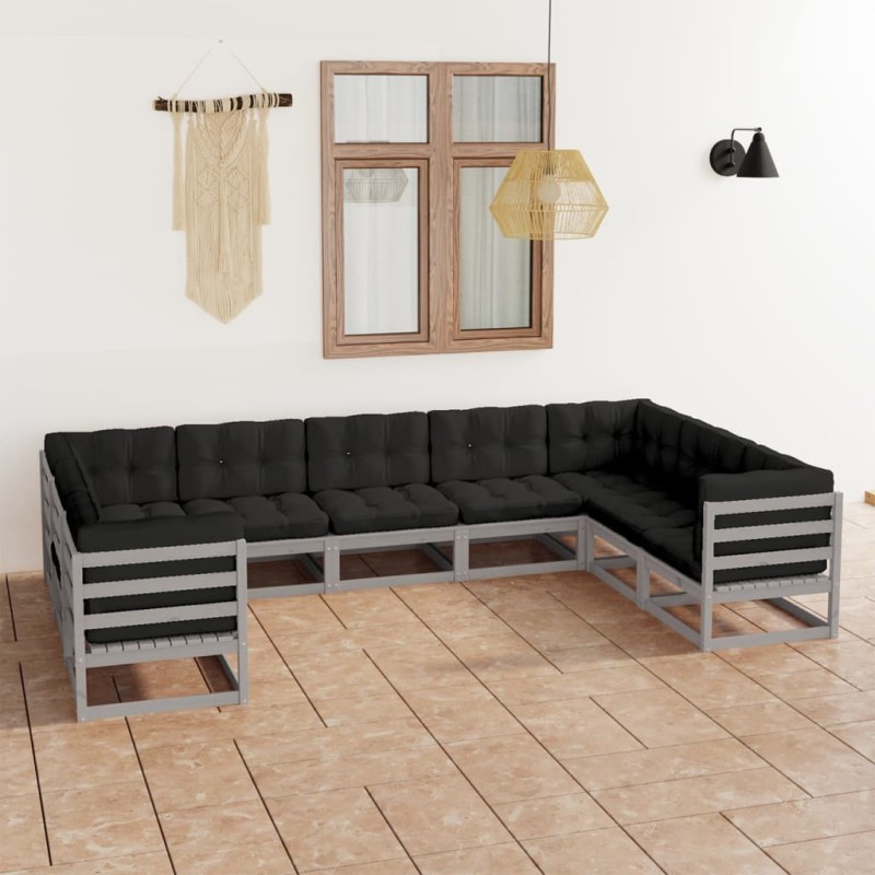 vidaXL Set de muebles de jardín 9 pzas con cojines madera pino gris vidaXL Set de muebles de jardín 9 pzas con cojines madera pino gris