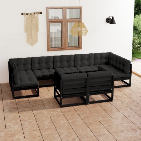 vidaXL Set de muebles de jardín 9 pzas con cojines madera pino negro