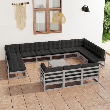 vidaXL Set de muebles de jardín 14 pzas con cojines madera pino gris