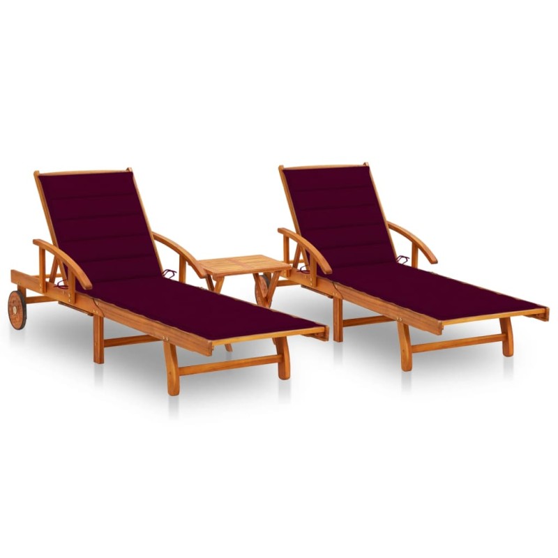 vidaXL Tumbonas con mesa y cojines 2 uds madera maciza de acacia vidaXL Tumbonas con mesa y cojines 2 uds madera maciza de acacia