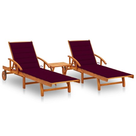 vidaXL Tumbonas con mesa y cojines 2 uds madera maciza de acacia 