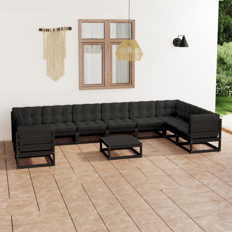 vidaXL Set de muebles de jardín 11 pzas con cojines madera pino negro vidaXL Set de muebles de jardín 11 pzas con cojines madera pino negro