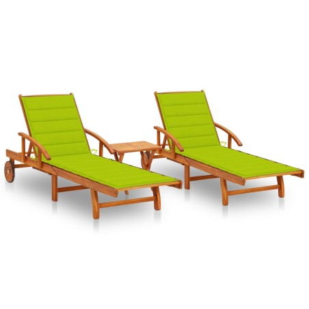 vidaXL Tumbonas con mesa y cojines 2 uds madera maciza de acacia 