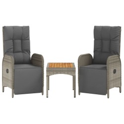 vidaXL Sillas reclinables jardín 2 uds con mesa ratán sintético gris 