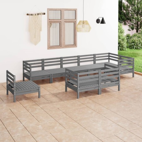 vidaXL Juego de muebles de jardín 9 piezas madera maciza de pino gris