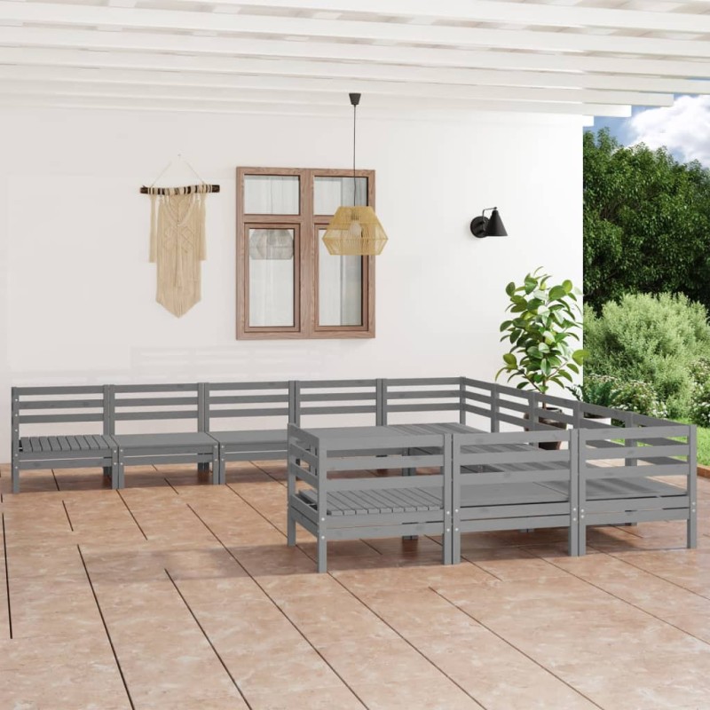 vidaXL Juego de muebles de jardín 11 piezas madera maciza de pino gris