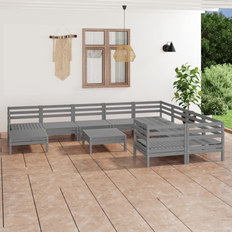 vidaXL Juego de muebles de jardín 11 piezas madera maciza de pino gris