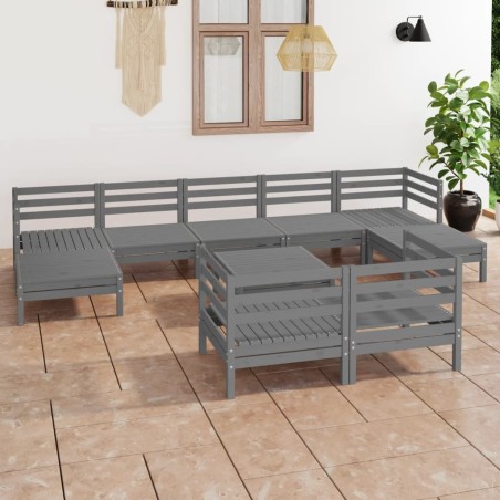 vidaXL Juego de muebles de jardín 10 piezas madera maciza de pino gris