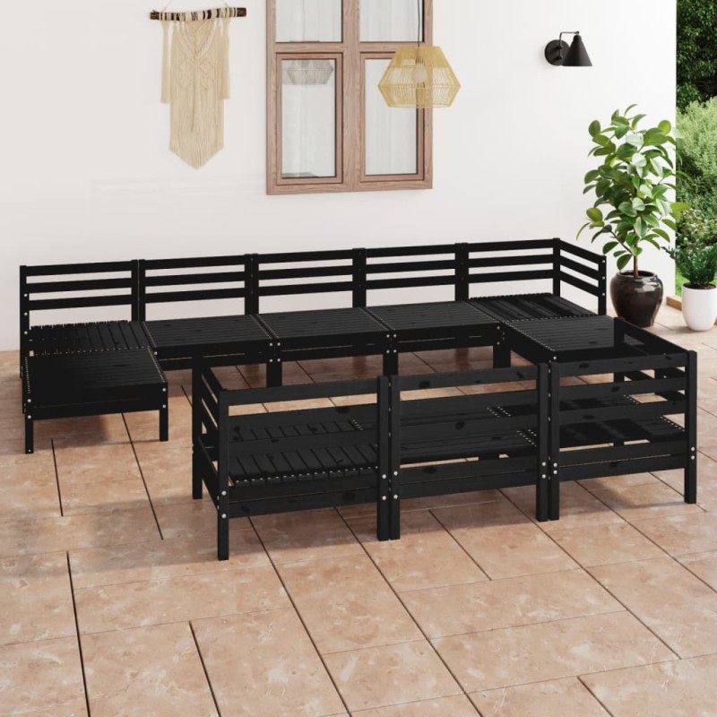 vidaXL Juego de muebles de jardín 10 pzas madera maciza de pino negro vidaXL Juego de muebles de jardín 10 pzas madera maciza de pino negro