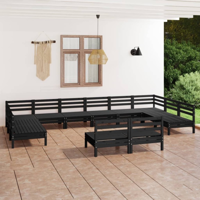 vidaXL Juego de muebles de jardín 12 pzas madera maciza de pino negro vidaXL Juego de muebles de jardín 12 pzas madera maciza de pino negro