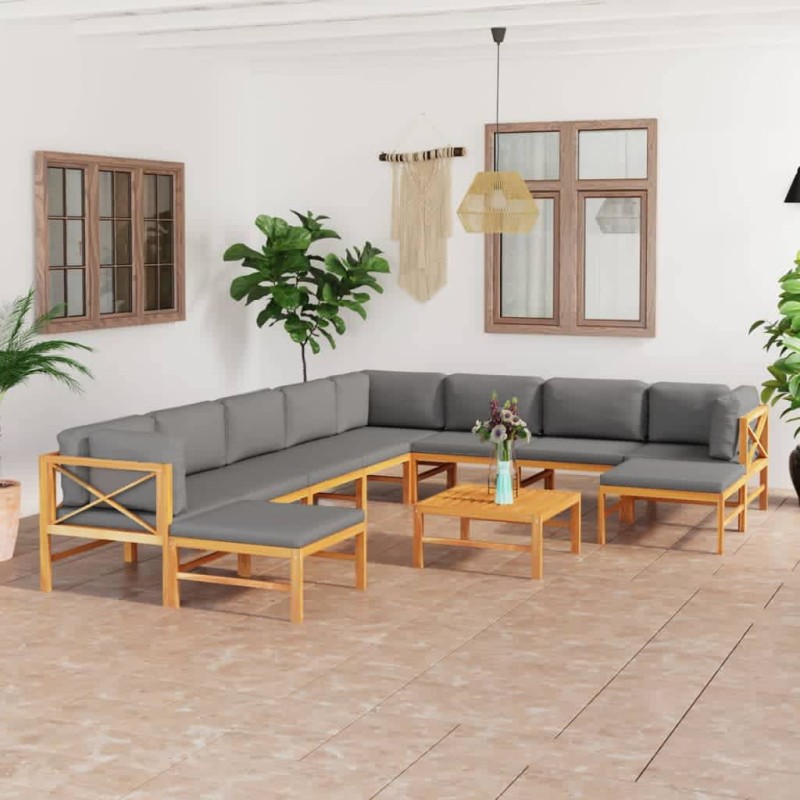 vidaXL Set de muebles de jardín 11 pzas madera de teca y cojines gris
