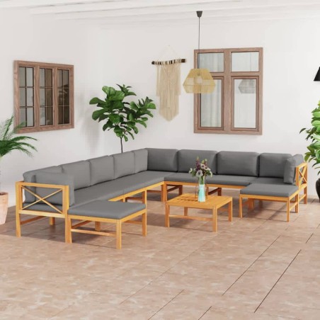 vidaXL Set de muebles de jardín 11 pzas madera de teca y cojines gris