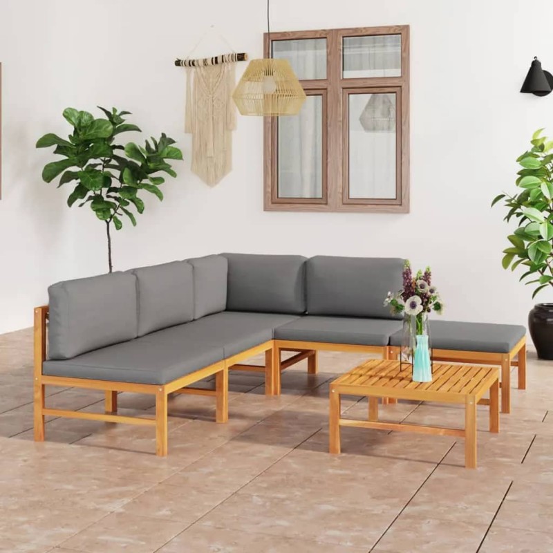vidaXL Set de muebles de jardín 6 pzas madera de teca y cojines gris vidaXL Set de muebles de jardín 6 pzas madera de teca y cojines gris