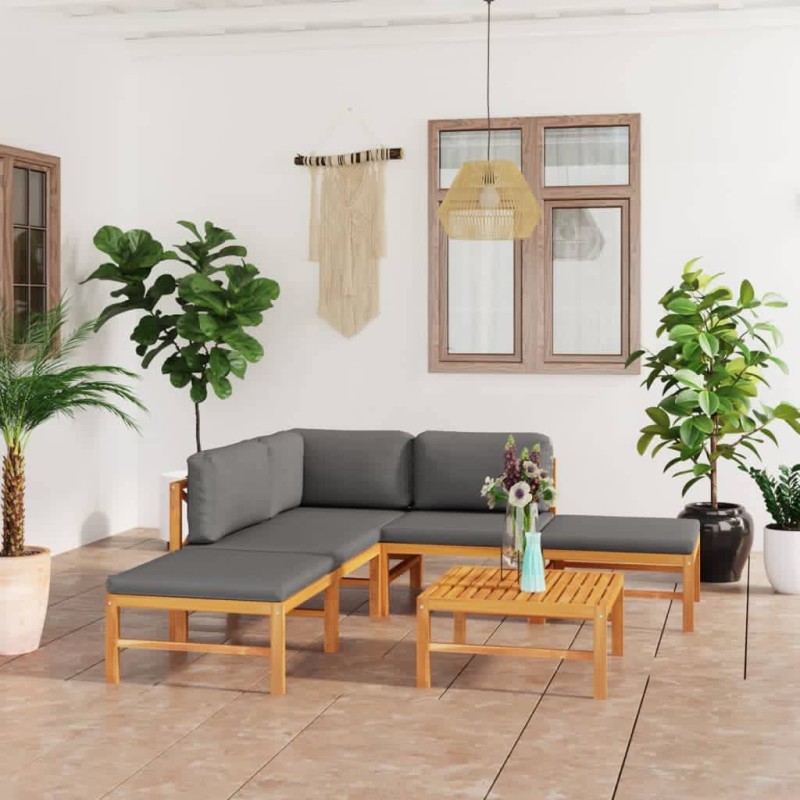 vidaXL Set de muebles de jardín 6 pzas madera de teca y cojines gris vidaXL Set de muebles de jardín 6 pzas madera de teca y cojines gris