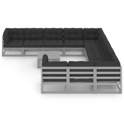 vidaXL Set de muebles de jardín 12 pzas con cojines madera pino gris