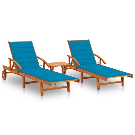 vidaXL Tumbonas con mesa y cojines 2 uds madera maciza de acacia 