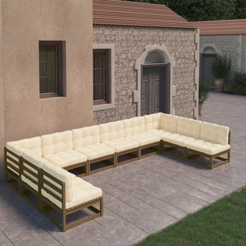 vidaXL Set de muebles de jardín 10 pzs cojines madera pino marrón miel vidaXL Set de muebles de jardín 10 pzs cojines madera pino marrón miel