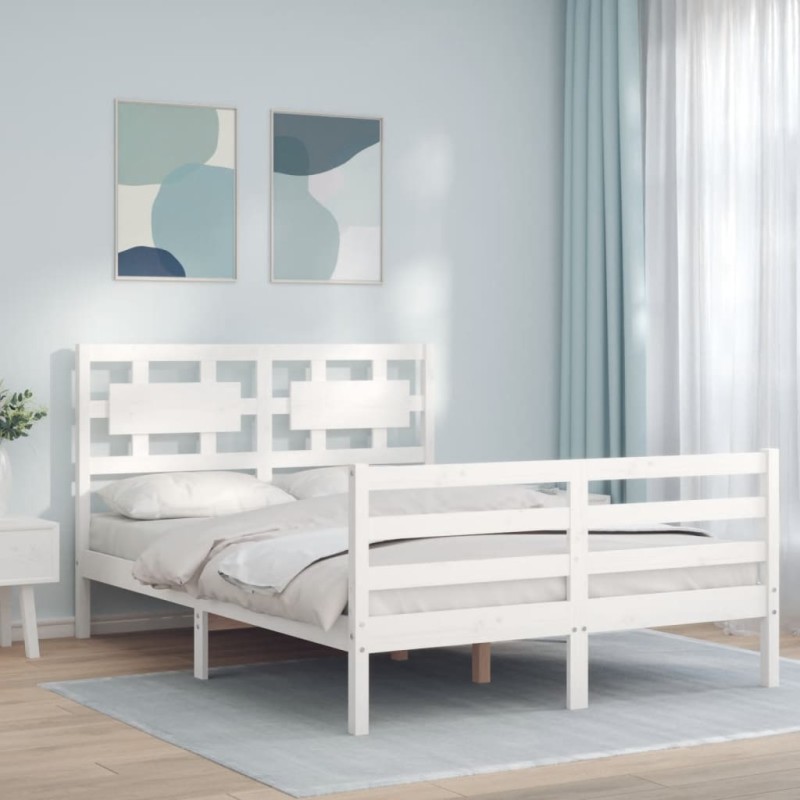 vidaXL Estructura cama de matrimonio con cabecero madera maciza blanco vidaXL Estructura cama de matrimonio con cabecero madera maciza blanco