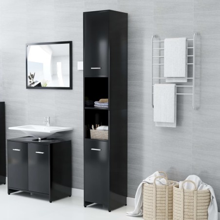 vidaXL Armario baño madera contrachapada negro brillo 30x30x183,5 cm