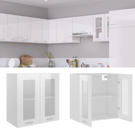 vidaXL Armario colgante vidrio y madera ingeniería blanco brillo