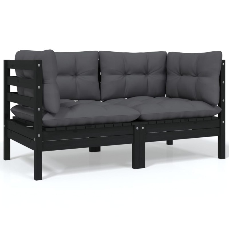 vidaXL Sofá de jardín de 2 plazas con cojines madera maciza pino negro vidaXL Sofá de jardín de 2 plazas con cojines madera maciza pino negro