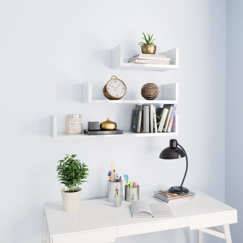 vidaXL Estantes de pared 3 pzas madera contrachapada blanco brillante vidaXL Estantes de pared 3 pzas madera contrachapada blanco brillante