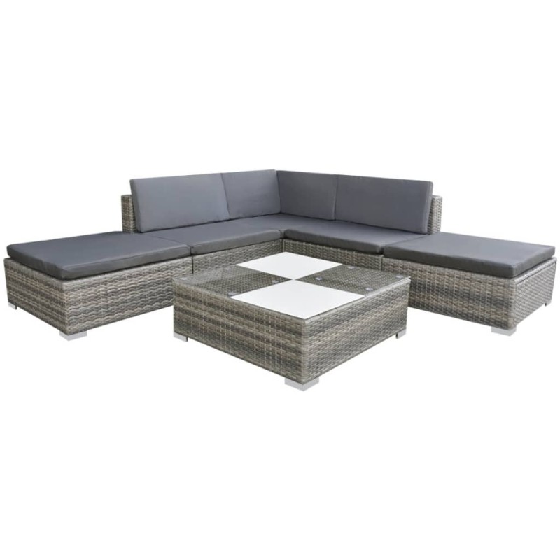 vidaXL Set de muebles de jardín 6 pzas y cojines ratán sintético gris vidaXL Set de muebles de jardín 6 pzas y cojines ratán sintético gris