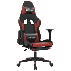 vidaXL Silla gaming masaje reposapiés cuero sintético negro rojo tinto