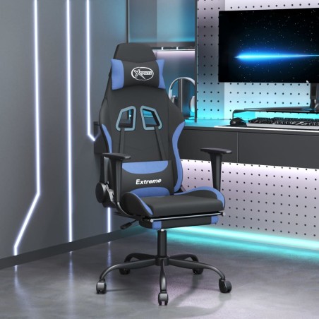 vidaXL Silla gaming de masaje con reposapiés tela negro y azul