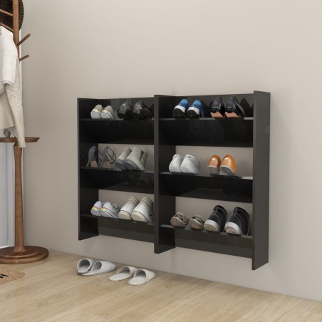 vidaXL Zapateros de pared 2 uds contrachapada negro brillo 60x18x90 cm