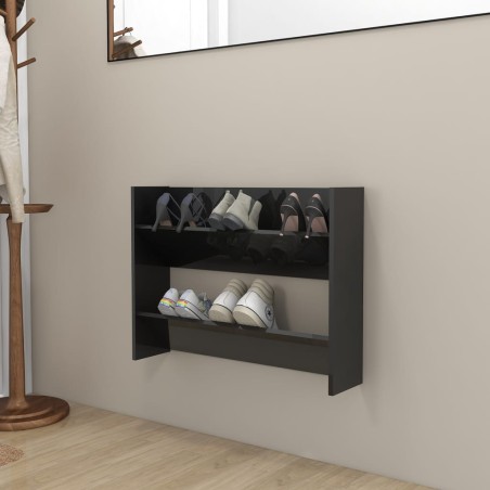 vidaXL Zapatero de pared madera contrachapada negro brillo 80x18x60 cm