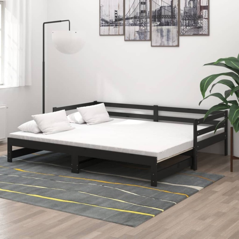 vidaXL Sofá cama extraíble madera maciza de pino negro 2x(90x200) cm vidaXL Sofá cama extraíble madera maciza de pino negro 2x(90x200) cm