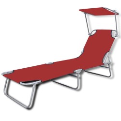 vidaXL Tumbona plegable con toldo acero y tela rojo