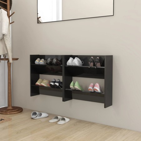 vidaXL Zapateros de pared 2 uds contrachapada negro brillo 60x18x60 cm