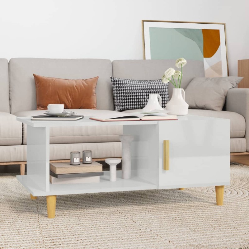 vidaXL Mesa de centro madera contrachapada blanco brillo 90x50x40 cm vidaXL Mesa de centro madera contrachapada blanco brillo 90x50x40 cm