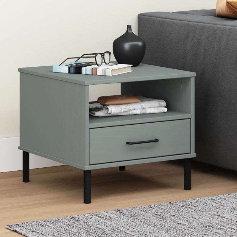 vidaXL Mesita de noche con patas de metal OSLO madera maciza pino gris vidaXL Mesita de noche con patas de metal OSLO madera maciza pino gris