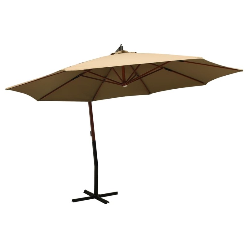 vidaXL Sombrilla colgante con poste de madera taupe 350 cm