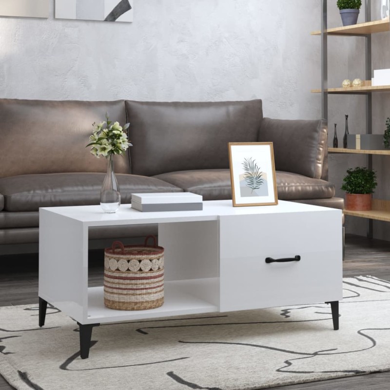  vidaXL Mesa de centro madera contrachapada blanco brillo 90x50x40 cm