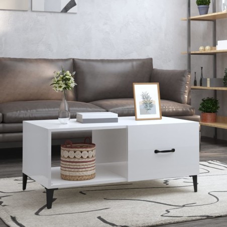  vidaXL Mesa de centro madera contrachapada blanco brillo 90x50x40 cm