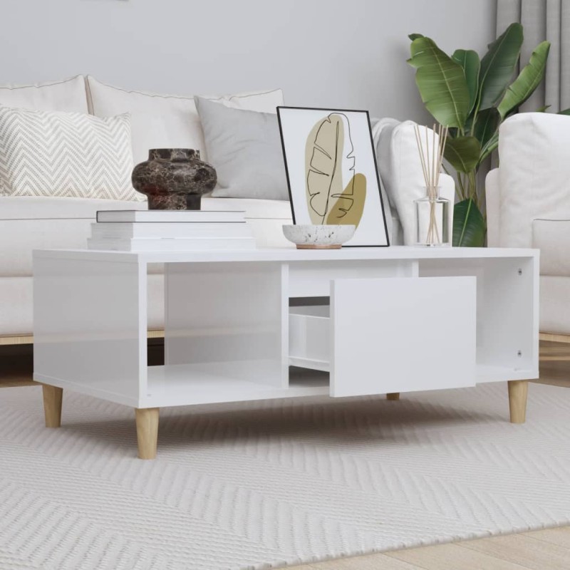 vidaXL Mesa de centro madera contrachapada blanco brillo 90x50x36,5 cm