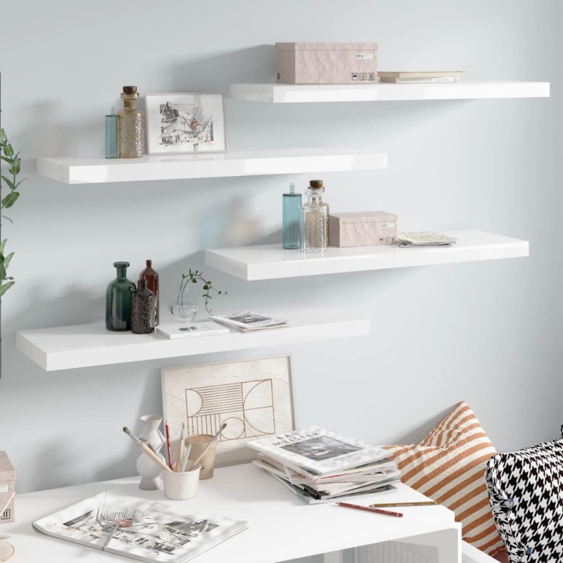 vidaXL Estante flotante de pared 4 uds MDF blanco brillo 80x23,5x3,8cm vidaXL Estante flotante de pared 4 uds MDF blanco brillo 80x23,5x3,8cm