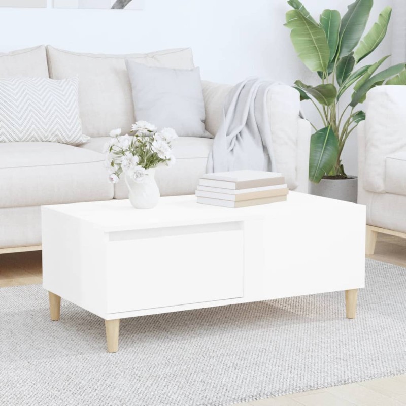 vidaXL Mesa de centro madera contrachapada blanco brillo 90x50x36,5 cm vidaXL Mesa de centro madera contrachapada blanco brillo 90x50x36,5 cm