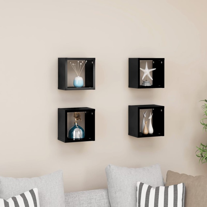 vidaXL Estantes cubo de pared 4 unidades negro brillo 22x15x22 cm vidaXL Estantes cubo de pared 4 unidades negro brillo 22x15x22 cm