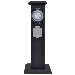 Columna negra con enchufe y temporizador para el jardín