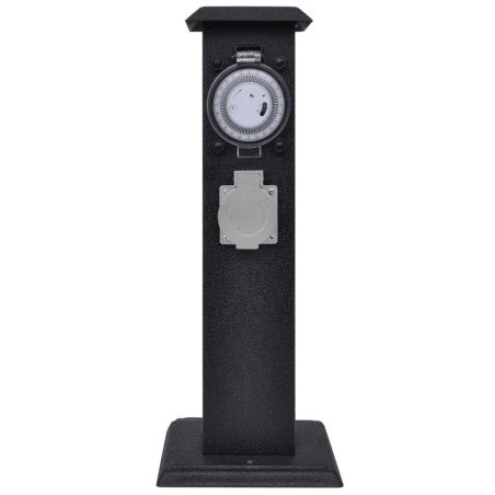 Columna negra con enchufe y temporizador para el jardín