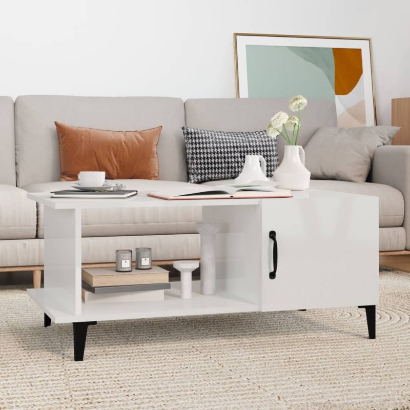 vidaXL Mesa de centro madera contrachapada blanco brillo 90x50x40 cm vidaXL Mesa de centro madera contrachapada blanco brillo 90x50x40 cm